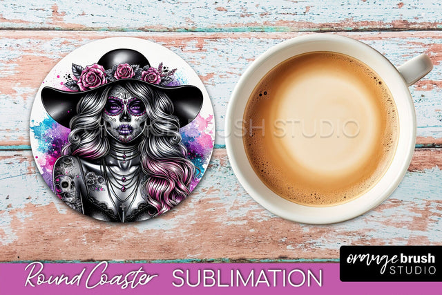 Catrina Coaster - Halloween Round Coaster, Day of the Dead Sublimation OrangeBrushStudio 