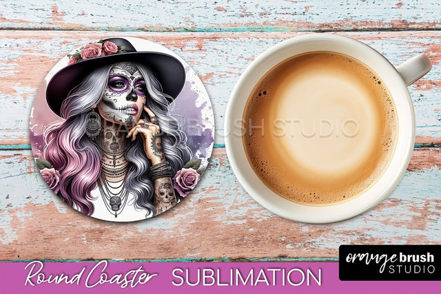 Catrina Coaster - Halloween Round Coaster, Day of the Dead Sublimation OrangeBrushStudio 