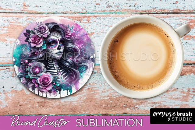 Catrina Coaster - Halloween Round Coaster, Day of the Dead Sublimation OrangeBrushStudio 