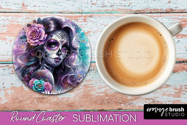 Catrina Coaster - Halloween Round Coaster, Day of the Dead Sublimation OrangeBrushStudio 