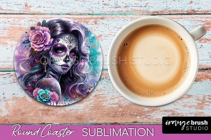 Catrina Coaster - Halloween Round Coaster, Day of the Dead Sublimation OrangeBrushStudio 