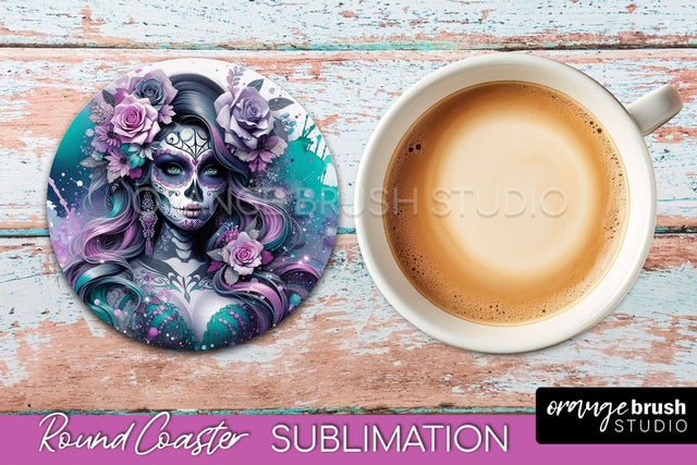 Catrina Coaster - Halloween Round Coaster, Day of the Dead Sublimation OrangeBrushStudio 