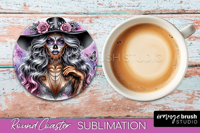 Catrina Coaster - Halloween Round Coaster, Day of the Dead Sublimation OrangeBrushStudio 