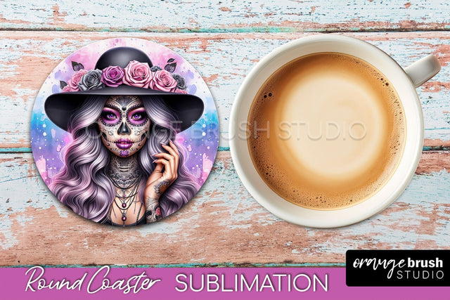 Catrina Coaster - Halloween Round Coaster, Day of the Dead Sublimation OrangeBrushStudio 