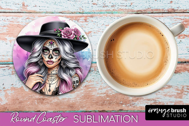 Catrina Coaster - Halloween Round Coaster, Day of the Dead Sublimation OrangeBrushStudio 