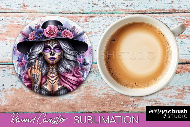Catrina Coaster - Halloween Round Coaster, Day of the Dead Sublimation OrangeBrushStudio 