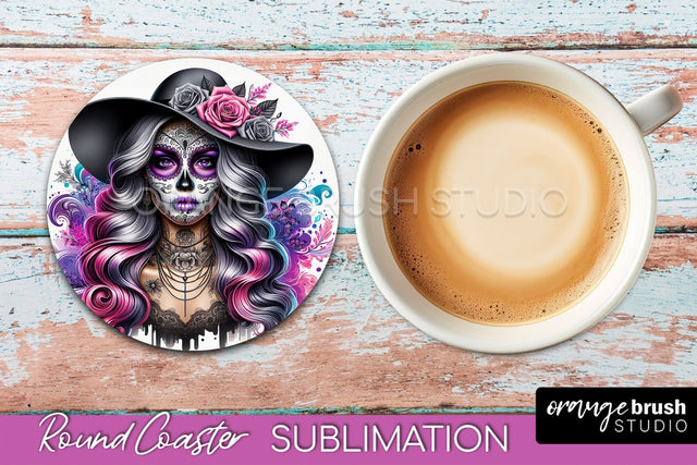 Catrina Coaster - Halloween Round Coaster, Day of the Dead Sublimation OrangeBrushStudio 