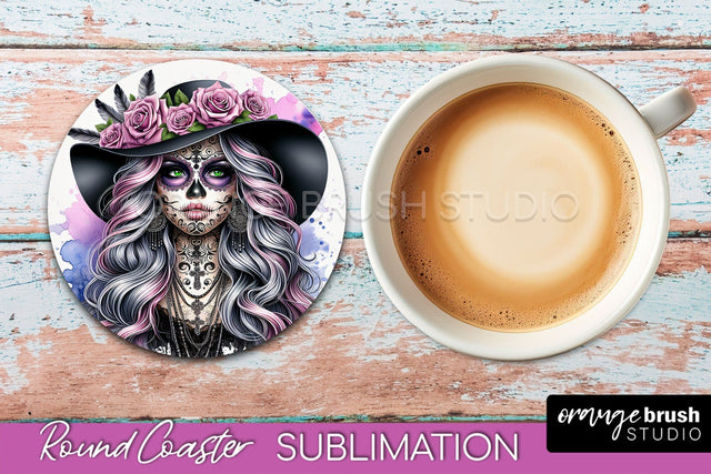 Catrina Coaster - Halloween Round Coaster, Day of the Dead Sublimation OrangeBrushStudio 
