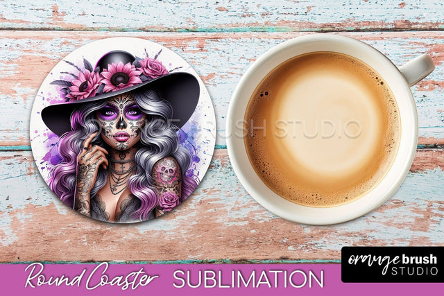 Catrina Coaster - Halloween Round Coaster, Day of the Dead Sublimation OrangeBrushStudio 