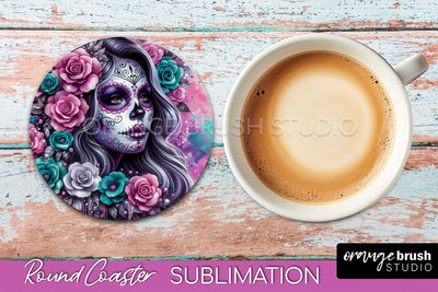 Catrina Coaster - Halloween Round Coaster, Day of the Dead Sublimation OrangeBrushStudio 