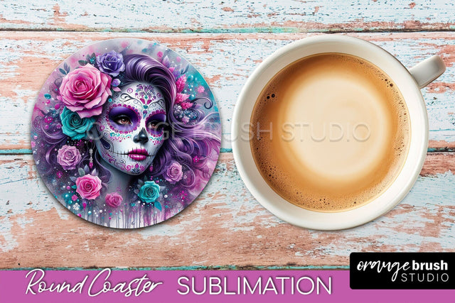 Catrina Coaster - Halloween Round Coaster, Day of the Dead Sublimation OrangeBrushStudio 