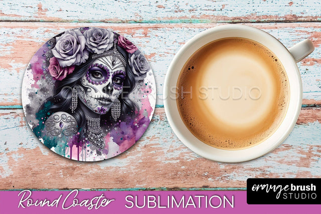 Catrina Coaster - Halloween Round Coaster, Day of the Dead Sublimation OrangeBrushStudio 