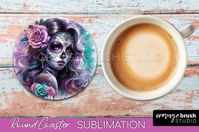 Catrina Coaster - Halloween Round Coaster, Day of the Dead Sublimation OrangeBrushStudio 