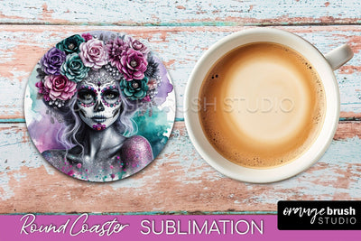 Catrina Coaster - Halloween Round Coaster, Day of the Dead Sublimation OrangeBrushStudio 