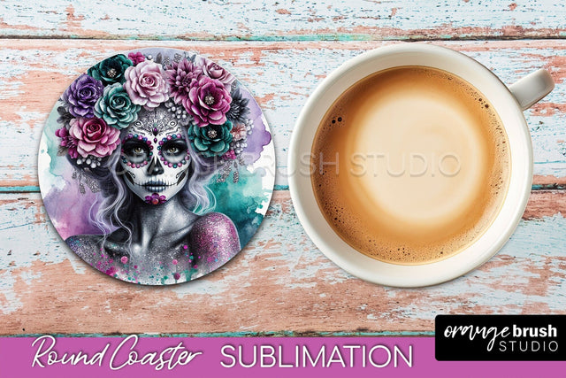 Catrina Coaster - Halloween Round Coaster, Day of the Dead Sublimation OrangeBrushStudio 