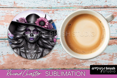 Catrina Coaster - Halloween Round Coaster, Day of the Dead Sublimation OrangeBrushStudio 