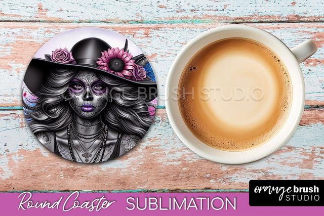 Catrina Coaster - Halloween Round Coaster, Day of the Dead Sublimation OrangeBrushStudio 