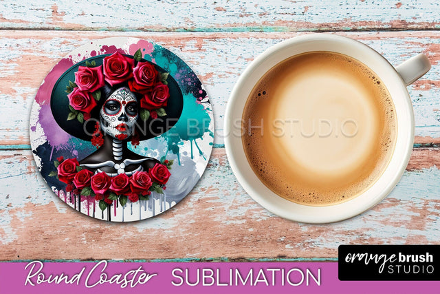Catrina Coaster - Halloween Round Coaster, Day of the Dead Sublimation OrangeBrushStudio 