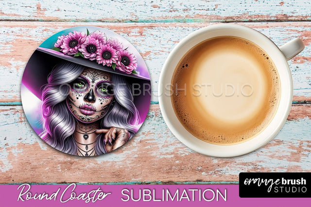 Catrina Coaster - Halloween Round Coaster, Day of the Dead Sublimation OrangeBrushStudio 