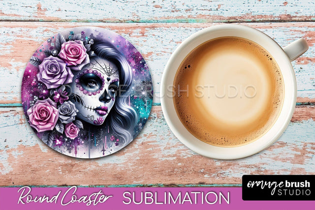 Catrina Coaster - Halloween Round Coaster, Day of the Dead Sublimation OrangeBrushStudio 