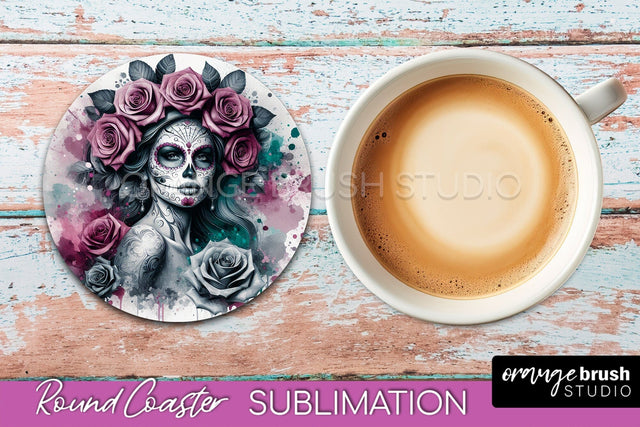 Catrina Coaster - Halloween Round Coaster, Day of the Dead Sublimation OrangeBrushStudio 