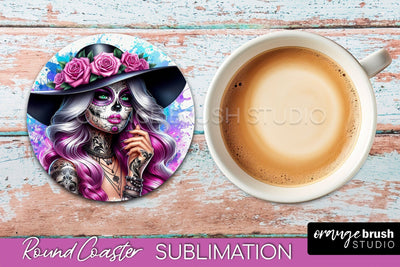 Catrina Coaster - Halloween Round Coaster, Day of the Dead Sublimation OrangeBrushStudio 