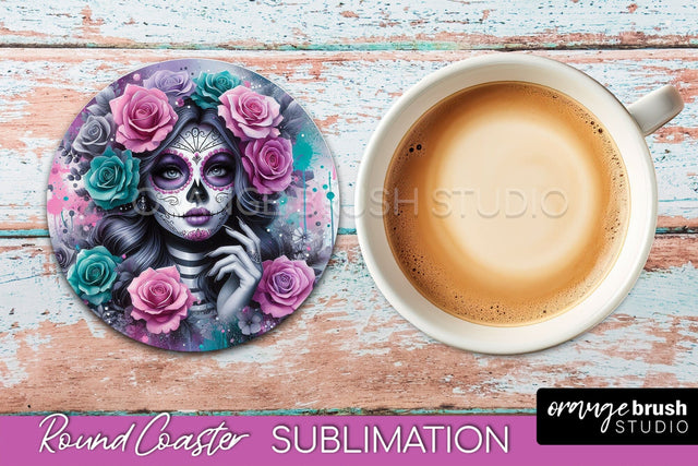 Catrina Coaster - Halloween Round Coaster, Day of the Dead Sublimation OrangeBrushStudio 