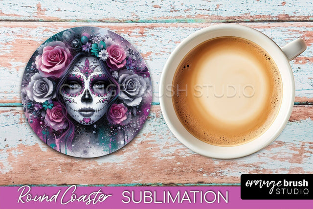 Catrina Coaster - Halloween Round Coaster, Day of the Dead Sublimation OrangeBrushStudio 