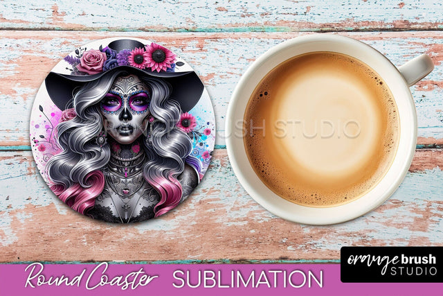 Catrina Coaster - Halloween Round Coaster, Day of the Dead Sublimation OrangeBrushStudio 