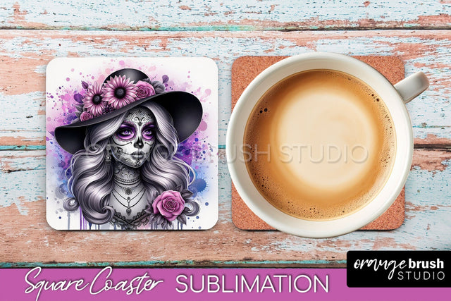Catrina Coaster - Halloween Square Coaster, Day of the Dead Sublimation OrangeBrushStudio 