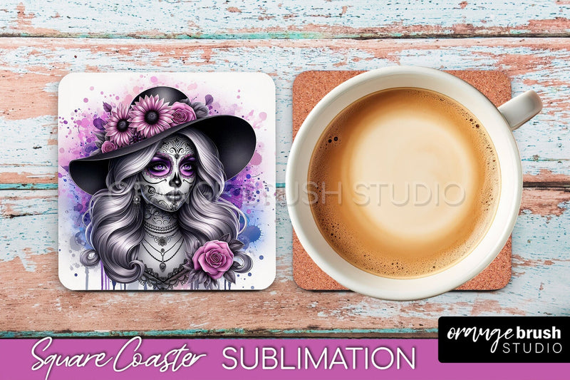 Catrina Coaster - Halloween Square Coaster, Day of the Dead Sublimation OrangeBrushStudio 