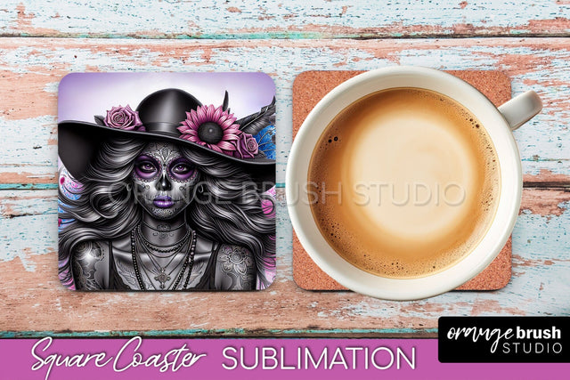 Catrina Coaster - Halloween Square Coaster, Day of the Dead Sublimation OrangeBrushStudio 