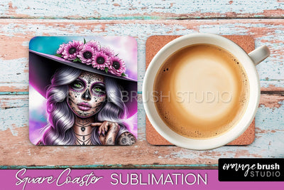 Catrina Coaster - Halloween Square Coaster, Day of the Dead Sublimation OrangeBrushStudio 
