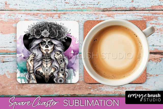 Catrina Coaster - Halloween Square Coaster, Day of the Dead Sublimation OrangeBrushStudio 