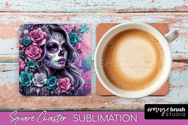 Catrina Coaster - Halloween Square Coaster, Day of the Dead Sublimation OrangeBrushStudio 