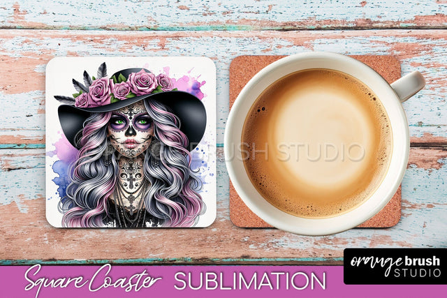 Catrina Coaster - Halloween Square Coaster, Day of the Dead Sublimation OrangeBrushStudio 