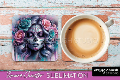 Catrina Coaster - Halloween Square Coaster, Day of the Dead Sublimation OrangeBrushStudio 
