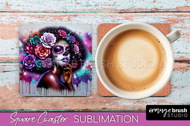 Catrina Coaster - Halloween Square Coaster, Day of the Dead Sublimation OrangeBrushStudio 