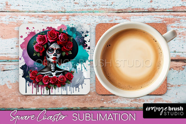 Catrina Coaster - Halloween Square Coaster, Day of the Dead Sublimation OrangeBrushStudio 
