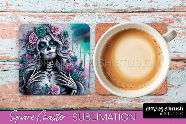 Catrina Coaster - Halloween Square Coaster, Day of the Dead Sublimation OrangeBrushStudio 
