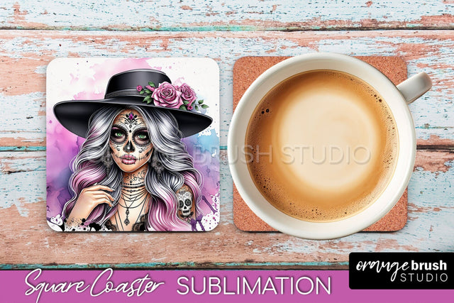 Catrina Coaster - Halloween Square Coaster, Day of the Dead Sublimation OrangeBrushStudio 
