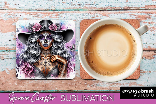 Catrina Coaster - Halloween Square Coaster, Day of the Dead Sublimation OrangeBrushStudio 