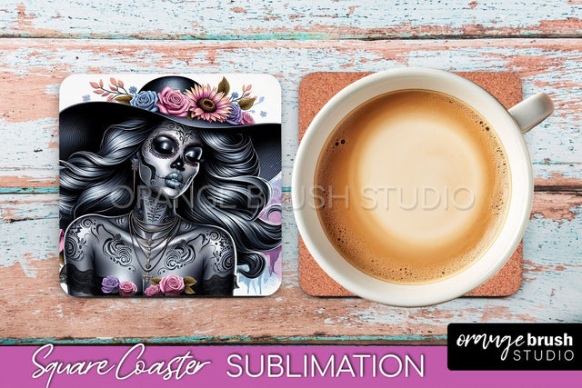 Catrina Coaster - Halloween Square Coaster, Day of the Dead Sublimation OrangeBrushStudio 