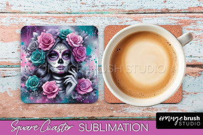 Catrina Coaster - Halloween Square Coaster, Day of the Dead Sublimation OrangeBrushStudio 