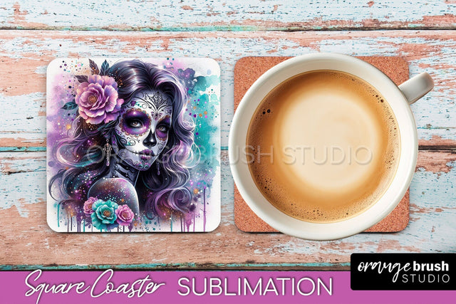 Catrina Coaster - Halloween Square Coaster, Day of the Dead Sublimation OrangeBrushStudio 