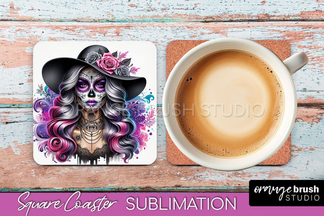 Catrina Coaster - Halloween Square Coaster, Day of the Dead Sublimation OrangeBrushStudio 