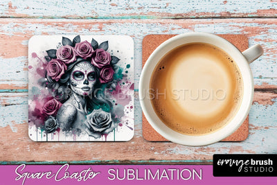 Catrina Coaster - Halloween Square Coaster, Day of the Dead Sublimation OrangeBrushStudio 