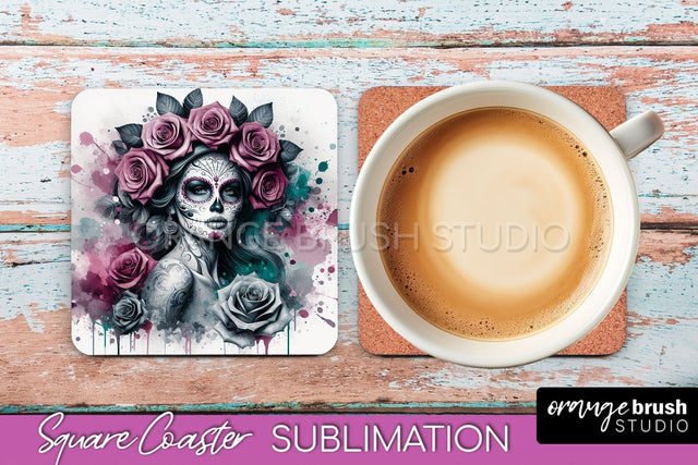 Catrina Coaster - Halloween Square Coaster, Day of the Dead Sublimation OrangeBrushStudio 