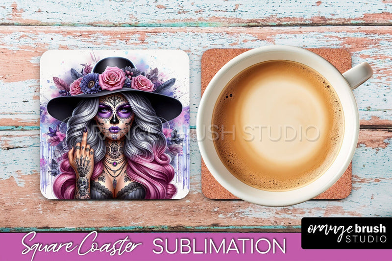 Catrina Coaster - Halloween Square Coaster, Day of the Dead Sublimation OrangeBrushStudio 