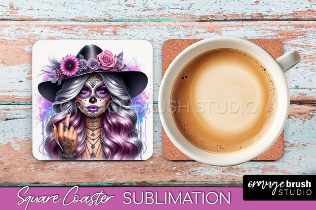 Catrina Coaster - Halloween Square Coaster, Day of the Dead Sublimation OrangeBrushStudio 